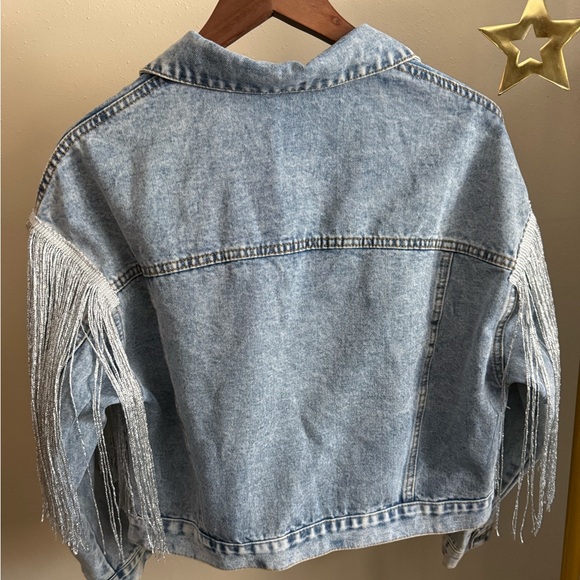 Fringe Denim Jacket Western Cropped Light Wash Statement Coat - Picture 12 of 13